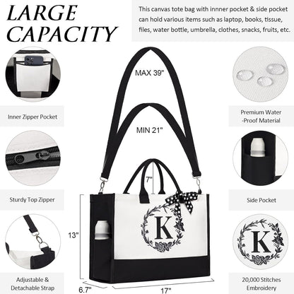 Personalized Mothers Day Gifts for Women, Initial Canvas Tote Bag & Makeup Bag Monogrammed Beach Tote Bag for Women w/Zipper, Birthday Gifts for Women Mom Her Girlfriend Wife Sister Friend Daughter