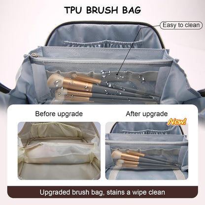 Travel Makeup Bag for Women: Large Capacity Open Flat Make up Bag Set of 3 - Vegan Leather Cosmetic Bag with Compartments - Waterproof Toiletry Bag with Handle & Divider(Brown)