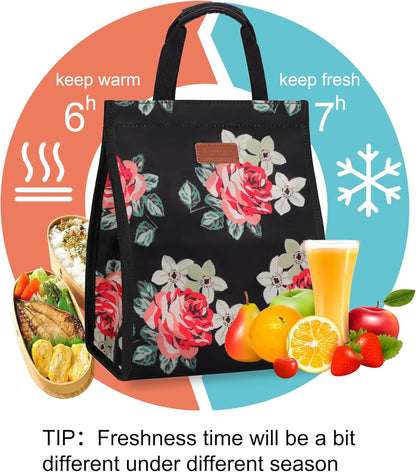 Lunch Bags for Women Insulated Reusable Lunch Tote with Internal Pocket, Lunch Tote bag for Work (Flower)