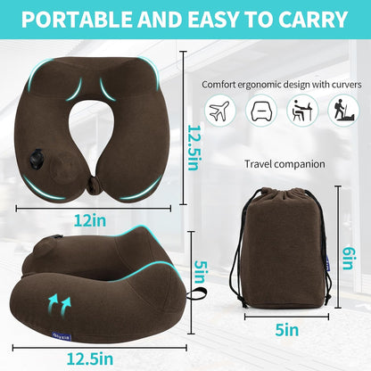 Inflatable Travel Neck Pillow for Airplane, Head Support Velvet Adult Neck Pillow for Long Flight, Kit with Eye Mask, Earplugs and Storage Bag,1, Brown