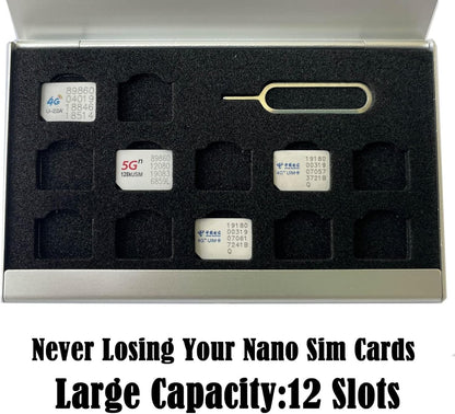 Aluminum SIM Card Case, 12 Slots Ultrathin Nano SIM Card Holder with SIM Card Adapter Kit for Travelers or Holiday Trip (Silver)