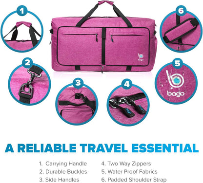 Bago Large Foldable Duffel Bags for Traveling Women & Men - 120L Packable Duffle Bag for Travel with Shoe Compartment - Water Repellant, Heavy Duty, Lightweight Folding & Collapsible (SnowPink)