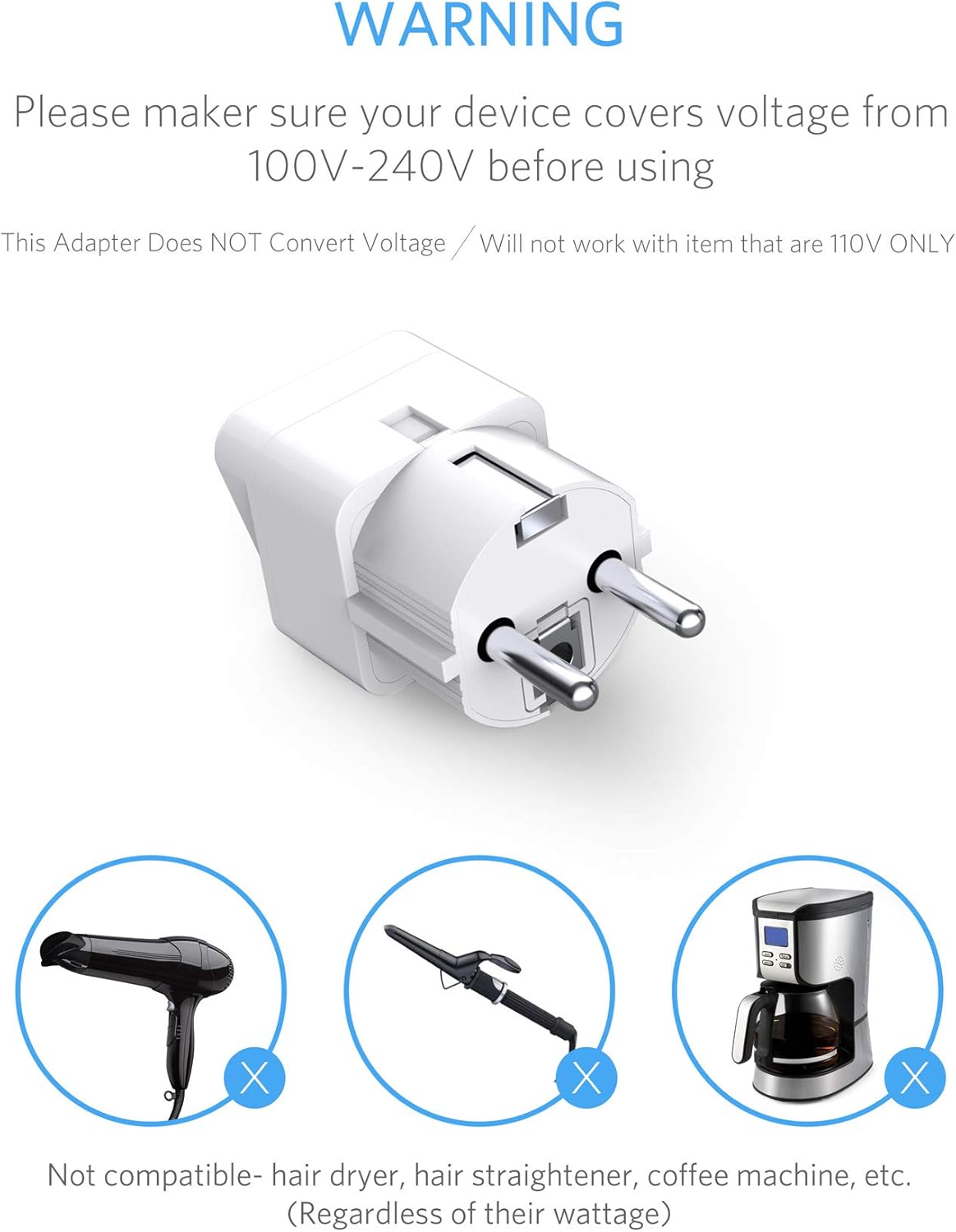 BESTEK Europe Travel Plug Adapter, Grounded Universal Type E/F Plug Adapter EU to US Adapter - Ultra Compact for Most of Europe, Asia Countries and More, 3 Pack