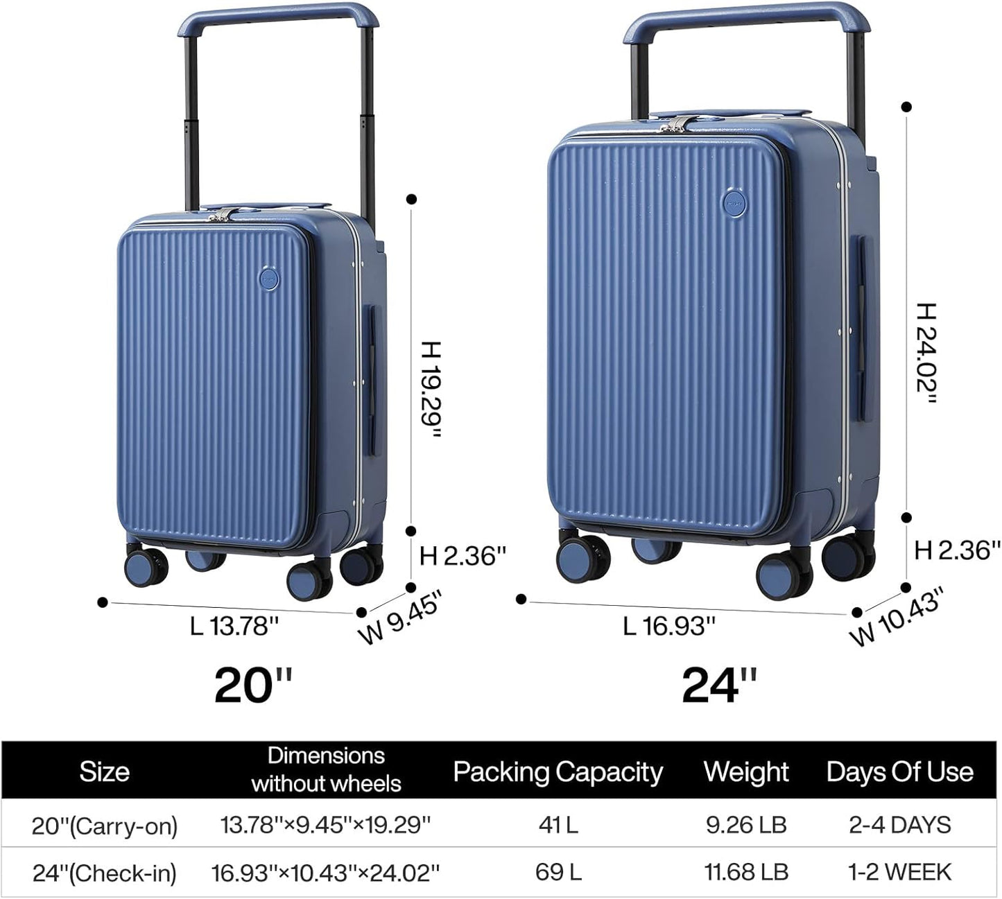 mixi Luggage Suitcases with Spinner Wheels 24'' Travel Luggage with Front Laptop Pocket, Wide Handle PC Hardshell Suitcase with TSA Lock, Checked Luggage(Sapphire Blue)