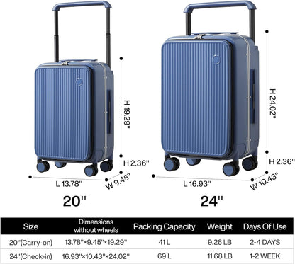 mixi Luggage Suitcases with Spinner Wheels 24'' Travel Luggage with Front Laptop Pocket, Wide Handle PC Hardshell Suitcase with TSA Lock, Checked Luggage(Sapphire Blue)