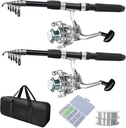 2PACK Fishing Pole Combo,Fishing Rod Combos with Telescopic Fishing Pole Spinning Reels Fishing Carrier Bag for Travel Saltwater Freshwater
