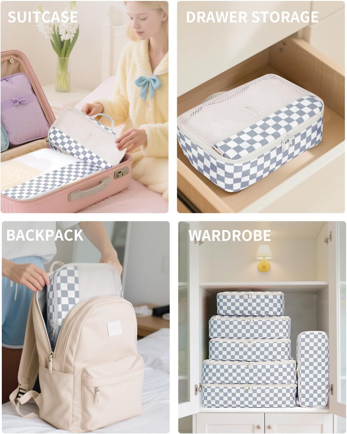 Narwey 7 Set Checkered Packing Cubes for Travel Carry on Suitcase Luggage Organizer Bags for Kids Women Men, Durable Packing Organizers Bag, Travel Essentials Accessories (Grayish Blue Checkerboard)