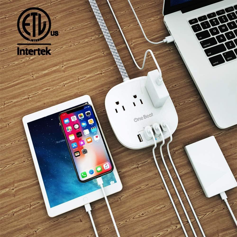 One Beat Desktop Power Strip with 3 Outlet 4 USB Ports 4.5A, Flat Plug and 5 ft Long Braided Extension Cords for Cruise Ship Travel Home Office, ETL Listed