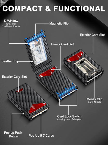 Wallet for Men RFID Wallet with Money Clip, Slim Pop Up Card Holder for 10-12 Cards, Minimalist Smart Credit Card Case with ID Window, Bifold Metal Wallet for Front Pocket, Gifts for Men