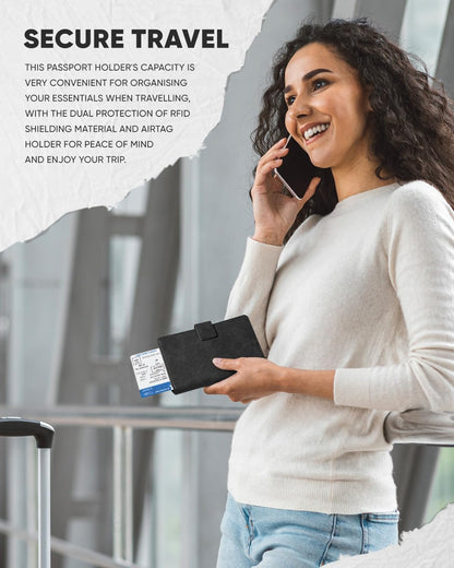 VULKIT Passport Holder with Airtag Holder RFID Blocking Passport Wallet Travel Leather Passport for Women(Dark Grey)