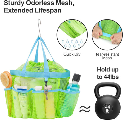 F-color Mesh Shower Caddy Portable with Drawstring - Upgrade Deeper 7 Pockets Dorm Room Essentials for Guys Girls with S Hook, Shower Bag Basket Tote for College Camping Toiletry Bathroom, Green