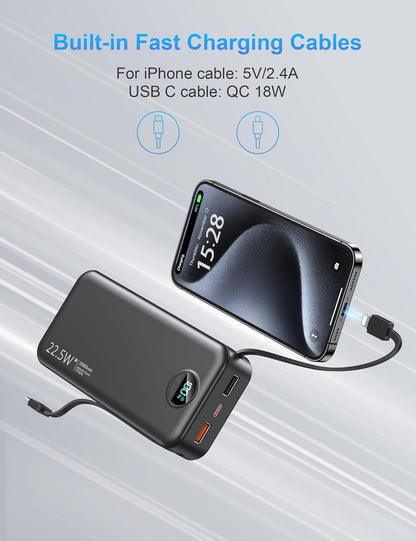 Portable Charger with Wall Plug, 20000mAh USB C Power Bank Fast Charging, External Battery Pack with Built in Cables, Digital Display, 5 Output 2 Input for iPhone Android Cell Phone Tablet