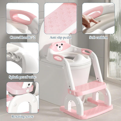 Potty Training Seat for Toddlers, Adjustable Height 2-in-1 Potty Training Toilet Ladder for Kids Boys Girls with Splash Guard, Waterproof Cushion, Anti-Slip Pad Step Stoo - Pink