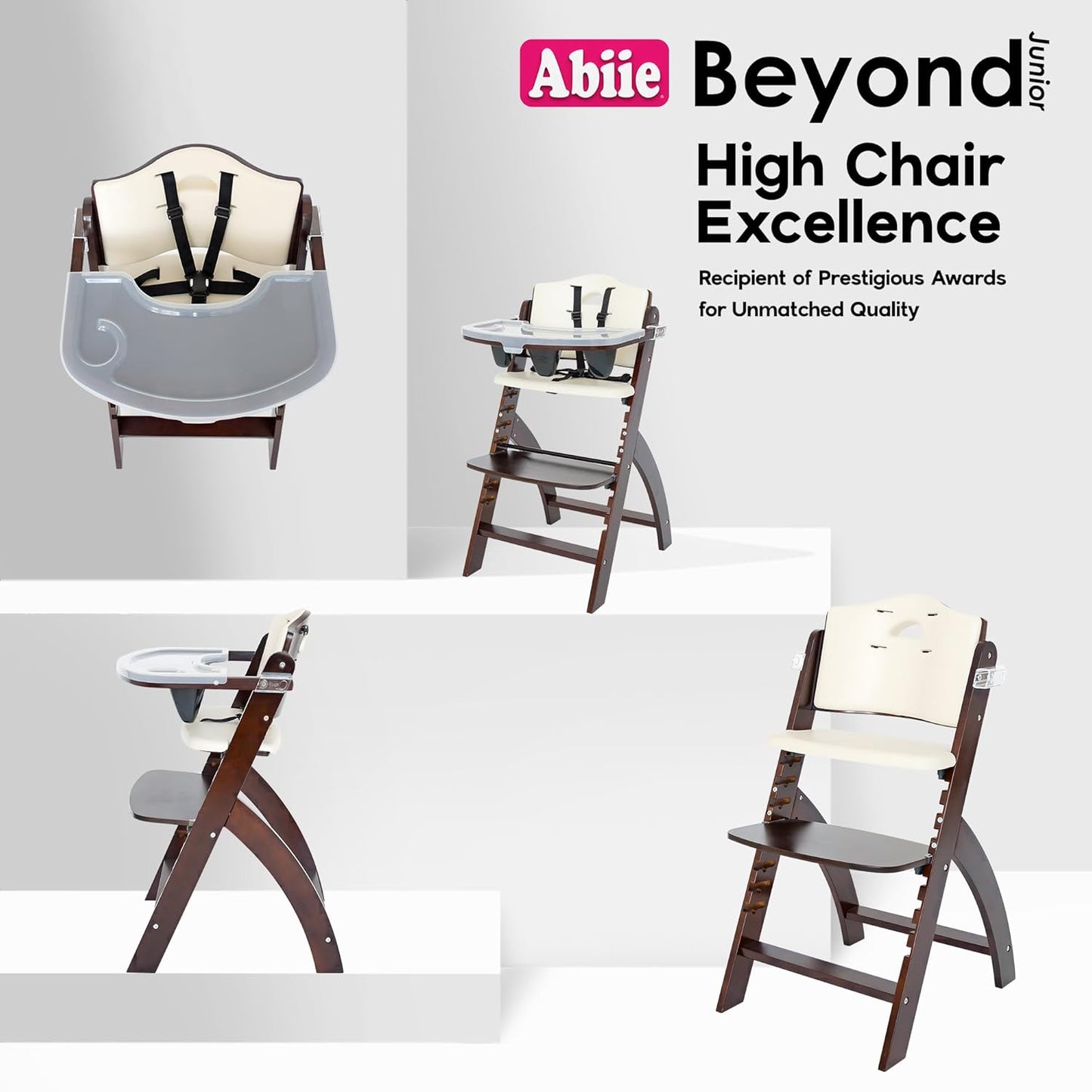 Abiie Beyond Junior Wooden High Chair with Tray - Adjustable and Convertible High Chair for Babies and Toddlers - 6 Months to 250 Lb - Water Resistant - Mahogany Wood/White Cushion