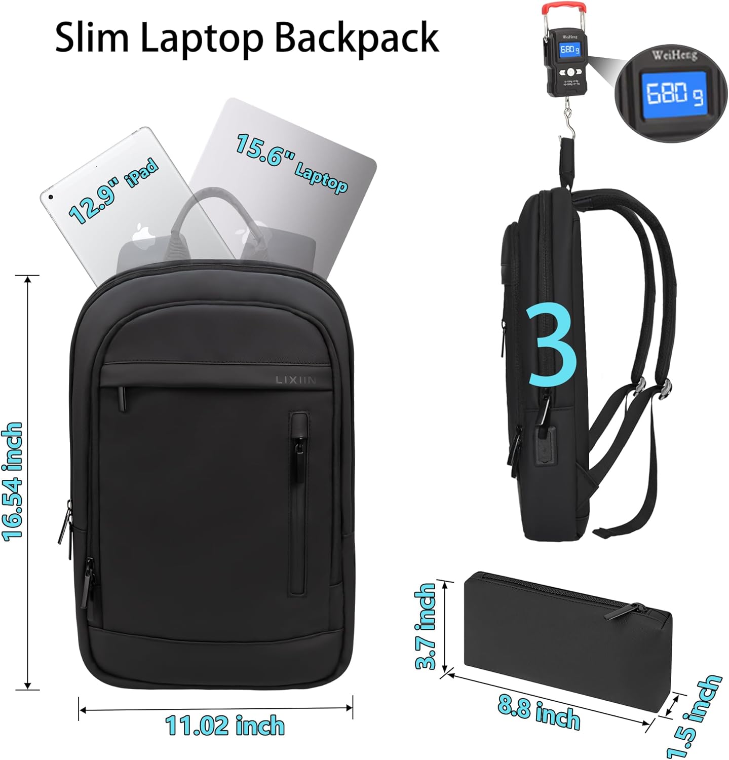 Business Backpack for Men Lightweight Commute Laptop Backpack Anti-Theft Water Resistant Backpack for 15.6 Inch Computer for Daily Office Work with Small Bag (Black)