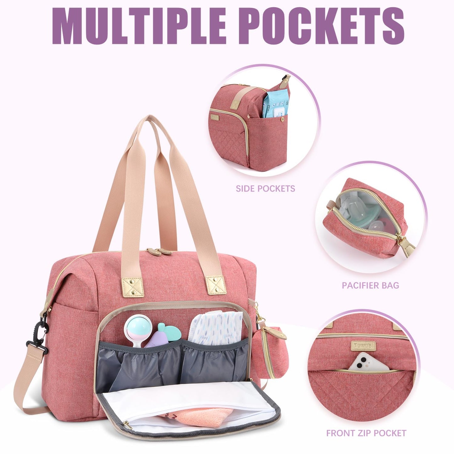Tuwubi Diaper Bag Tote,Baby Diaper Bag with Pacifier Case Large Travel Diaper Tote Caddy for Mom and Dad Multifunction Large Baby Bag - M-Pink