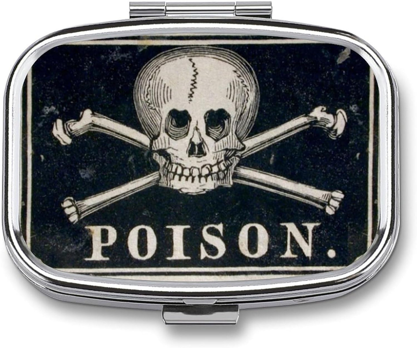 Metal 2 Compartment Pill Organizer Travel Friendly Portable Compact Pill Box Cute Pill Case to Hold Vitamins,Fish Oil,Supplements,Meds,Tablet for Purse,Pocket. (A Skeleton with a Black Background)