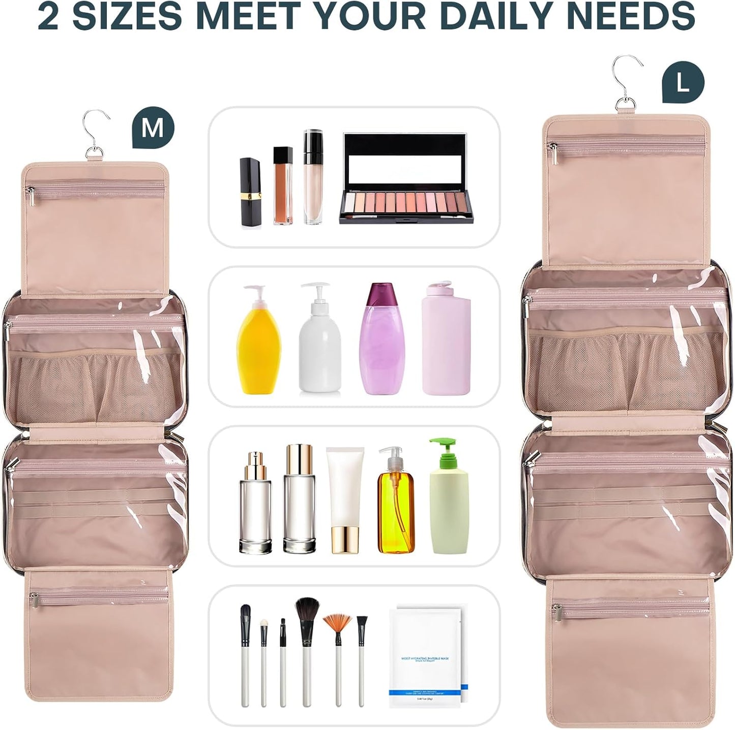 Hanging Toiletry Bag for Women Travel, 2 Sizes Large & Small Waterproof Cosmetic Organizer with 4 Compartments, Rotating Hook, Foldable Pink Travel Bag for Toiletries & Makeup, Large Lake Blue