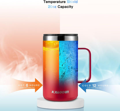 KXIAOCHEN 20oz Insulated Coffee Mug with Lid, Stainless Steel Coffee Cup, Double Wall Vacuum Coffee Tumbler with Handle, Premium Thermal Travel Coffee Mug (Red)