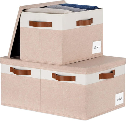 Extra Large Storage Bins with Lids, Foldable Fabric Storage Baskets with Lids, Sturdy Storage Boxes with Labels and 3 PU Handles for Closet Home Bedroom Office (32L, 3 Packs, Pink&White)