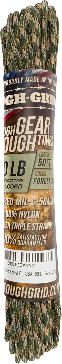 TOUGH-GRID 550 Paracord Rope Nylon Parachute Cord, Made in USA Survival Kit, Outdoor Adventures, Camping, Tactical Gear & Emergency Supplies, Military Type III Mil-Spec