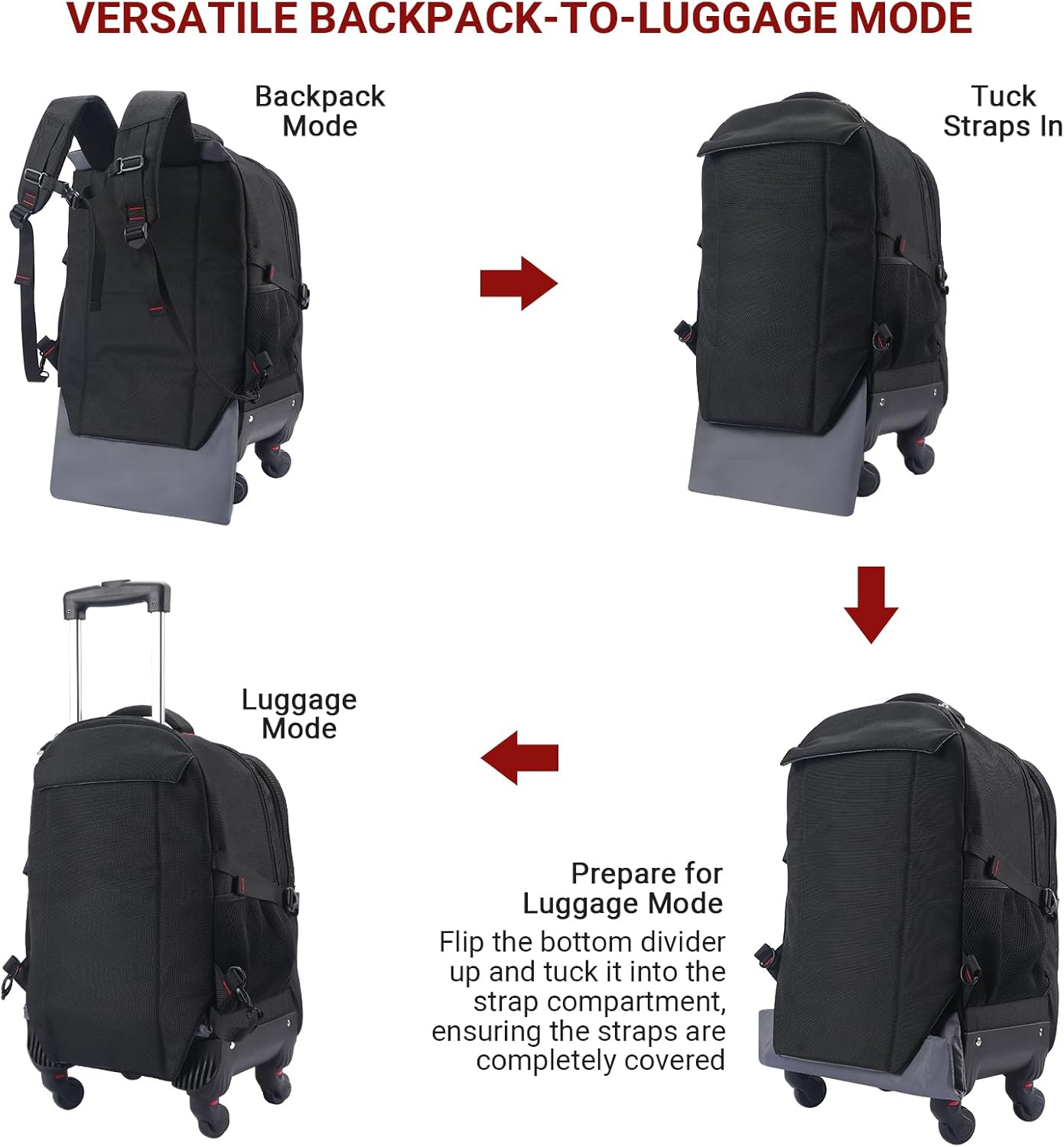 Rolling Backpack with Wheels - Water-Resistant, Airline Approved Underseat Travel Luggage, Ideal 18*14*8 Personal Item Suitcase, Wheeled Backpack, Roller Backpack, and Rolling Laptop Bag