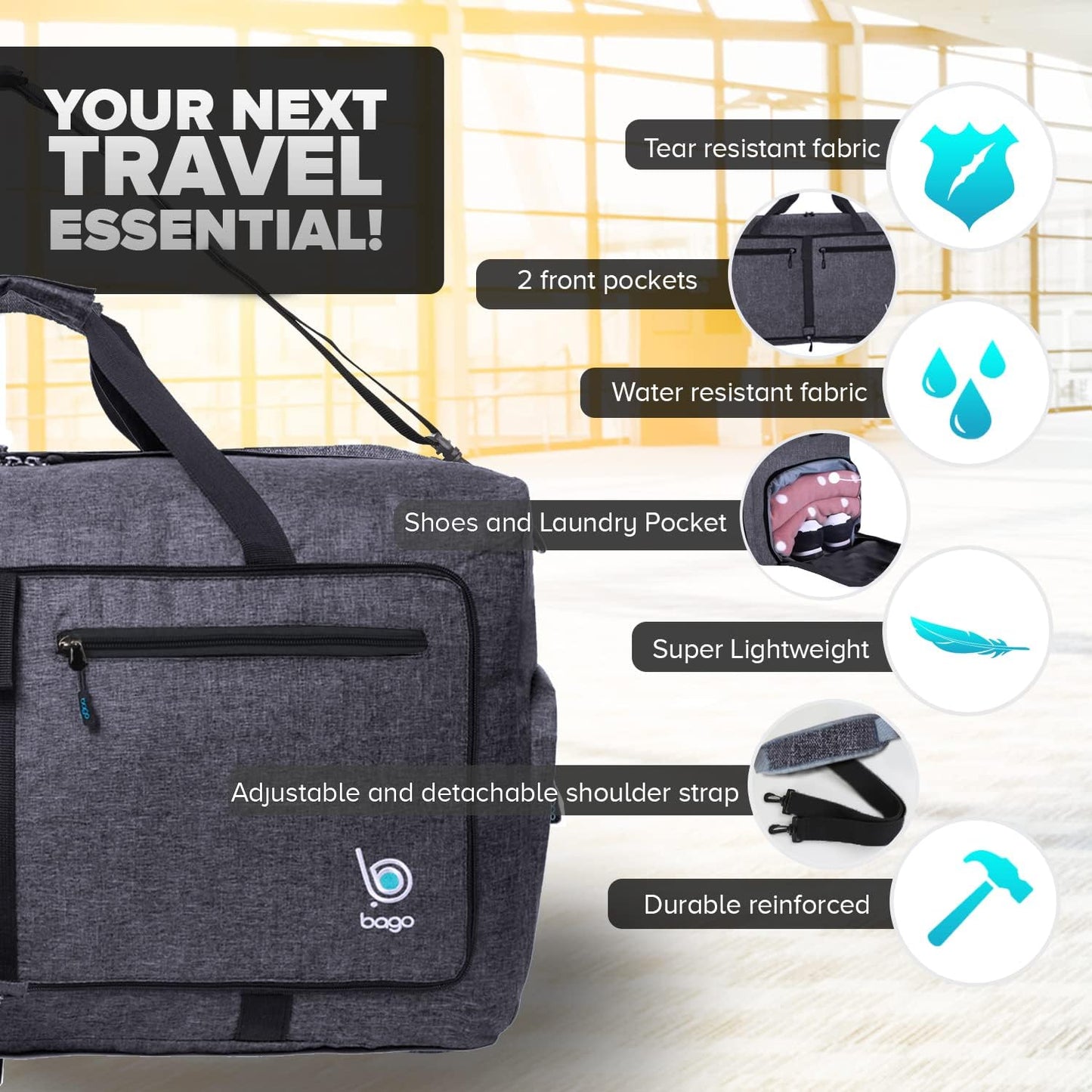 Bago Large Foldable Duffel Bags for Traveling Women & Men - 80L Packable Duffle Bag for Travel with Shoe Compartment - Water Repellant, Heavy Duty, Lightweight Folding & Collapsible (SnowBlack)