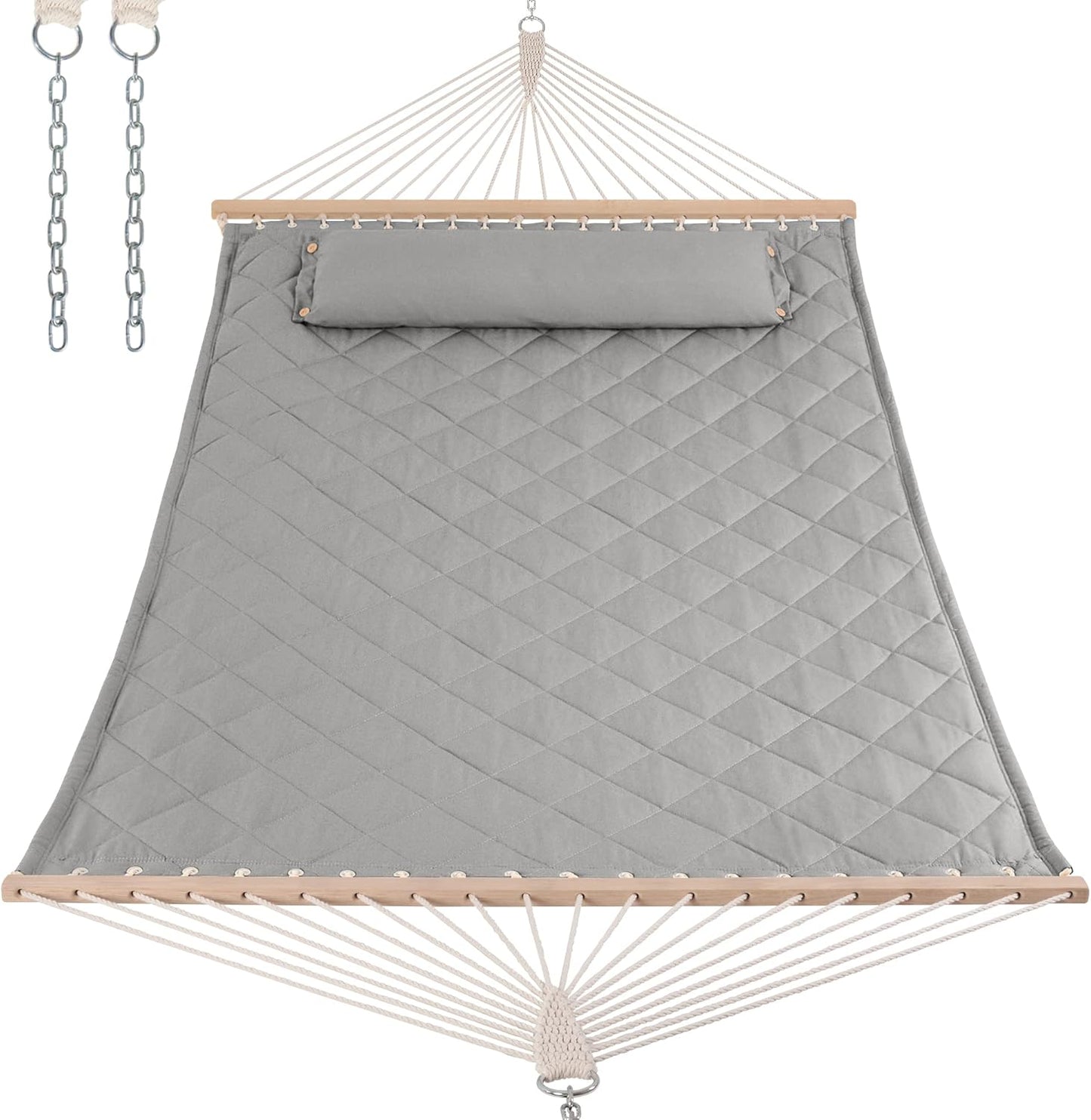ANOW Heavy Duty Hammock with Spreader Bars and Detachable Pillow, 2 Person Hammock for Outdoors Indoors, 450 LBS Weight Capacity, Light Gray
