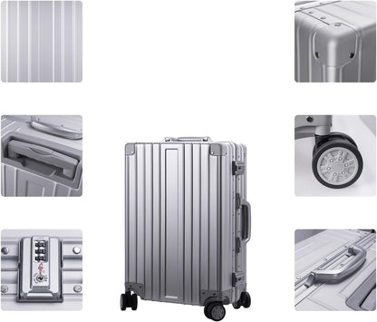 TRAVELKING All Aluminum Carry On Luggage Zipperless Hard Shell Luggage Case with TSA Lock Spinner Alloy Metal Suitcase (Silver, 20")