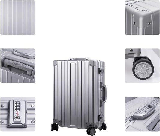 TRAVELKING All Aluminum Carry On Luggage Zipperless Hard Shell Luggage Case with TSA Lock Spinner Alloy Metal Suitcase (Silver, 20")