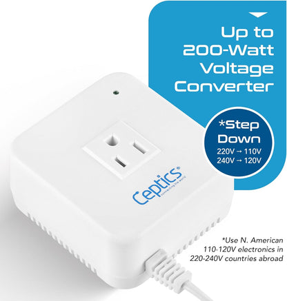 Ceptics 200 Watt Step Down Voltage Converter – Converts 220V/240V to 110V/120V – Ideal for Hair Straighteners, Laptops, and Chargers – CE Certified Travel Voltage Converter