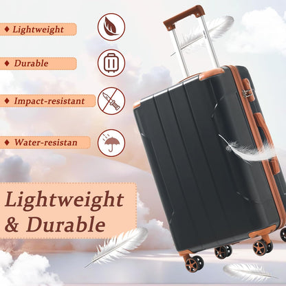 Merax Luggage Sets 3 Piece Hardshell 8 Spinner Wheels Lightweight Suitcase Corner Guards Travel Luggage (Black brown 20IN 24IN 28IN)