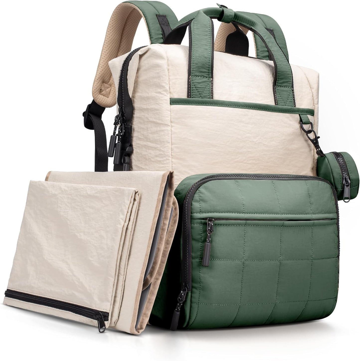 VONAL Diaper Bag Backpack, Lightweight Baby Diaper Bags, Travel Large Diaper Bag with Changing Station, Green Diaper Backpack for Boys Girls Newborn with Insulated Pockets, Stroller Straps