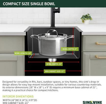 18-Inch Black Bar Sink Drop-In, SINKVINE PVD Nano Stainless Steel Kitchen Sink for Laundry, Outdoor, RV, Top Mount Deep Single Bowl Sink w/Drain Strainer, Bottom Grid, Roll-up Drying Unit, Dark Gray