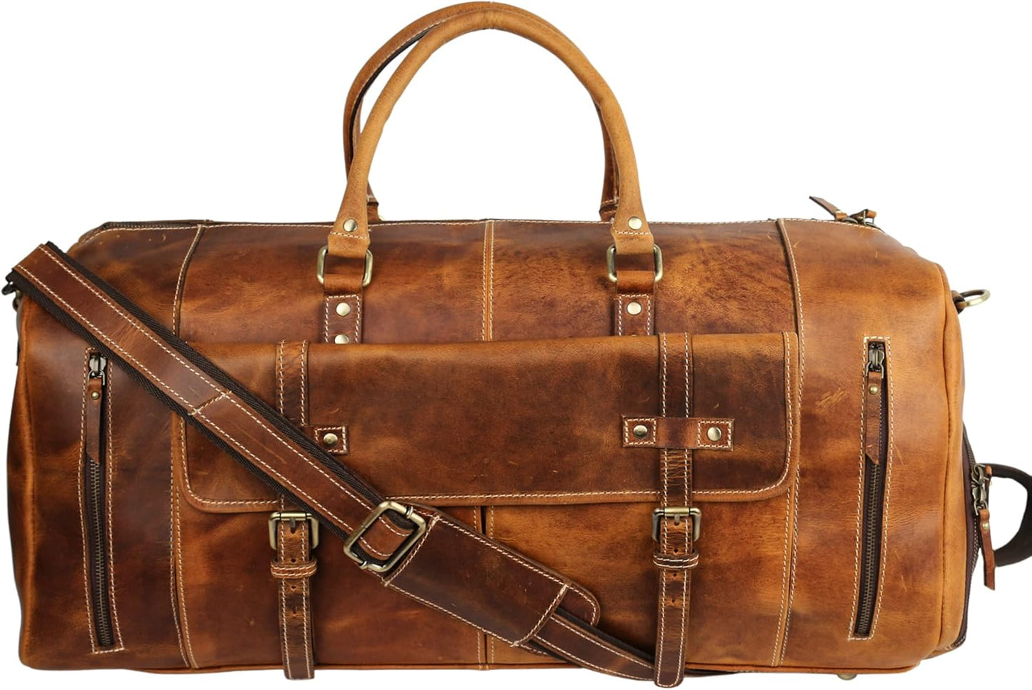 KomalC Leather Duffel Bags for Men and Women Full Grain Leather Travel Overnight Weekend Leather Bags Sports Gym Duffel for Men (Tan, 24 Inch)