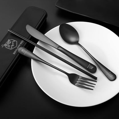 Boulder Bee | Travel Utensils Set | Reusable Camping Cutlery Set | Stainless Steel Flatware Set | Portable Silverware Set with Case | Includes Knife/Fork/Spoon/Straw/Cleaning Cloth/Case (Black)