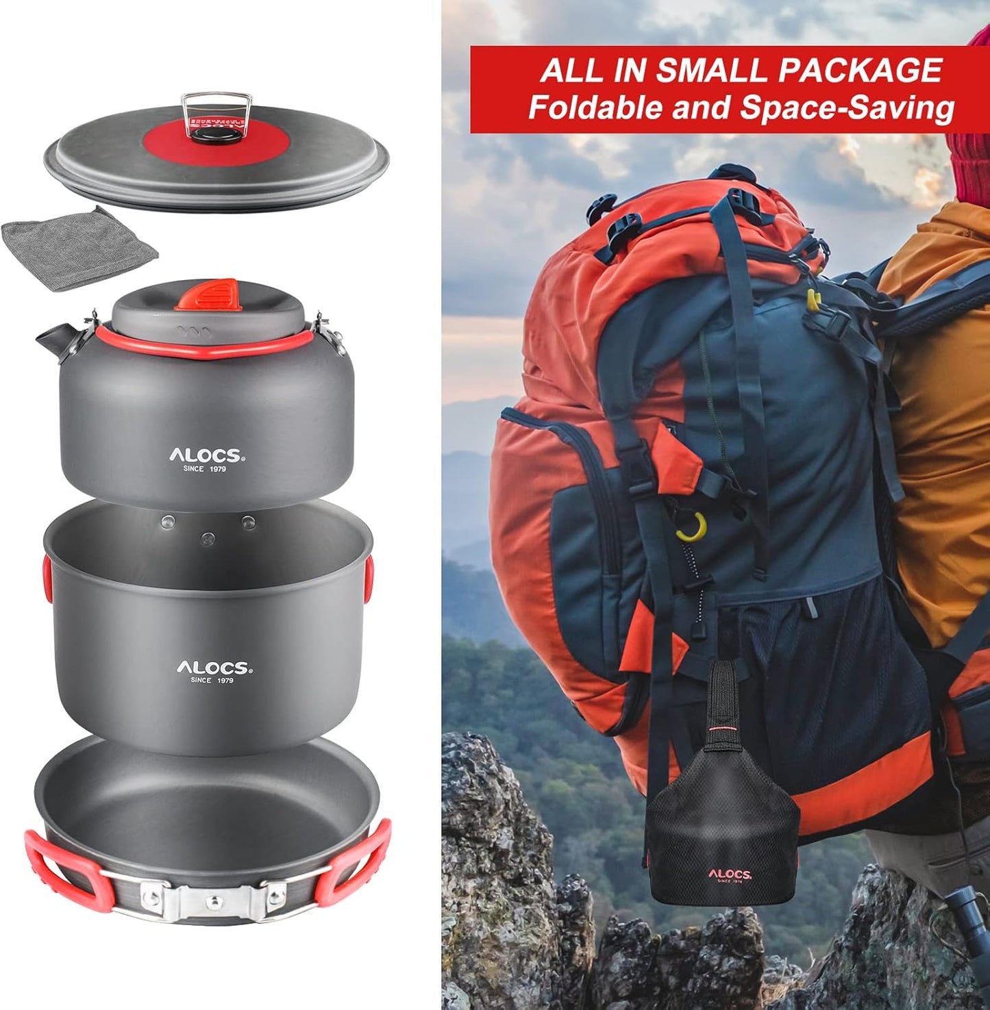 Alocs Camping Cookware Set - Lightweight Camping Cookware Mess Kit - Camping Pots and Pans Set - Camping Cooking Gear with Portable Carry Bag for Outdoor Backpacking Hiking and Picnic