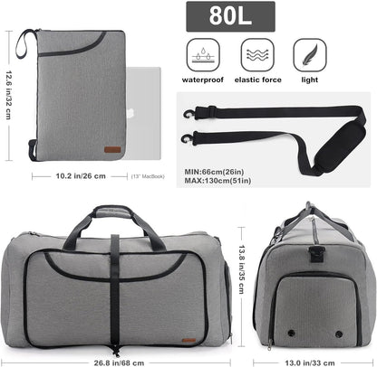 80L Duffle Bag for Travel, Large Foldable Waterproof Travel Duffel Bags Weekender Overnight Bag for Men and Women with Shoe Compartment (Gray)