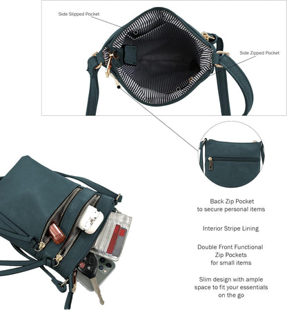 DELUXITY | Crossbody Purse Bag | Functional Multi Pocket Double Zipper Purse | Adjustable Strap | Medium Size Purse |GN