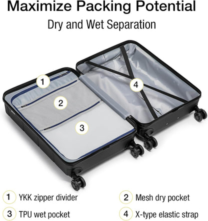 KYME 26 Inch Luggage TSA Approved Hardshell 26" Suitcases with Spinner Wheels Durable Medium Travel Checked Luggage with Cup Holder for Women Men Black