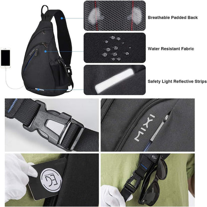 mixi Sling Bag Men Backpack Unisex One Shoulder Bag Hiking Travel Backpack Crossbody with USB Port for Men Women Versatile Casual Daypack-17 inch,Black