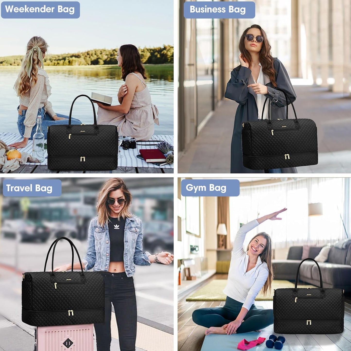 Travel Weekender Bags for Women - Duffle Bag Women with Shoe Compartment Carry On Overnight Bag with Toiletry Bag Duffel Bags with Wet Pocket for Gym Hospital Bags for Labor and Delivery Black