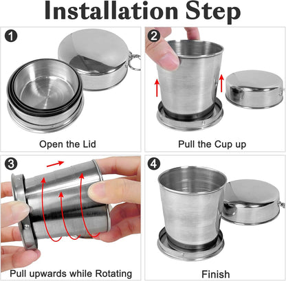 Guyuyii 3-Pack Collapsible Cups with Lid and Keychain – Stainless Steel Foldable Drinkware for Travel, Outdoor Activities, Home Use, Camping, Work, Events, Daily Hydration, and Amusement Parks