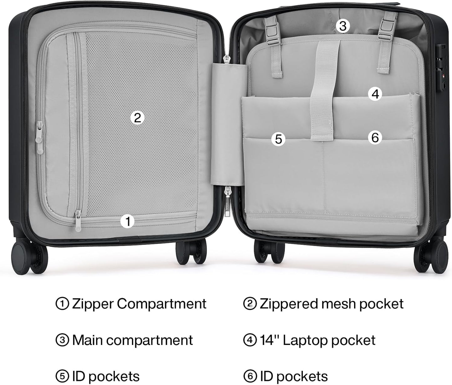 Hanke 16 Inch Underseat Carry On Luggage, Airline-Approved Hard Shell Small Suitcase with Spinner Wheels, Lightweight Tsa Lock Travel Luggage for Short Trips(Jet Black)