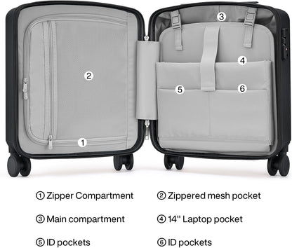 Hanke 16 Inch Underseat Carry On Luggage, Airline-Approved Hard Shell Small Suitcase with Spinner Wheels, Lightweight Tsa Lock Travel Luggage for Short Trips(Jet Black)