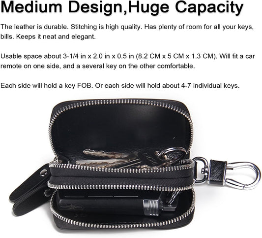 CONTACTS Car Key Case Small Leather Double Zipper Key Holder with 4 Keyrings Keys Organizer for Men Women