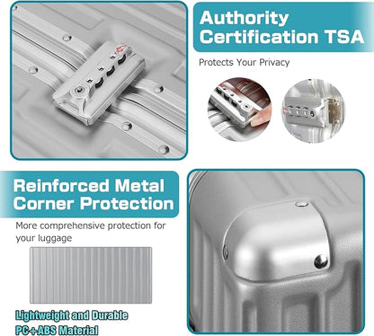 AnyZip Luggage Aluminium Frame Suitcase Hard Shell TSA Lock No Zipper 24In Silver