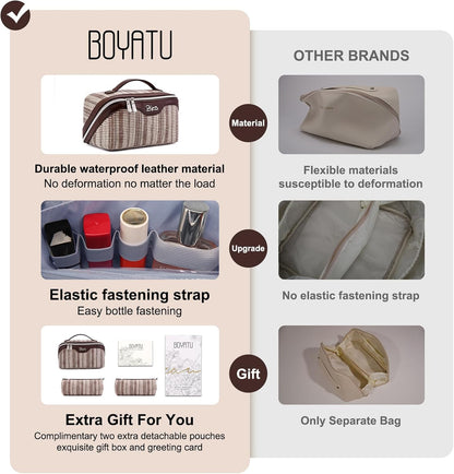Travel Makeup Bag for Women: Large Capacity Open Flat Make up Bag Set of 3 - Vegan Leather Cosmetic Bag with Compartments - Waterproof Toiletry Bag with Handle & Divider(Brown)