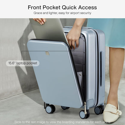 Hanke Grace Carry On Luggage with Wheels Airline Approved Hard Shell Suitcases with Front Pocket，Top Opening Luggage with TSA Lock for Short Business Travel， Grey.