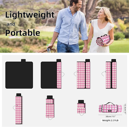 ZAZE Picnic Blanket Waterproof Sandproof, 80''x80'' 3-Layer Cute Compact Extra Large Machine Washable Foldable Beach Mat, Big XL Outdoor Blankets for Spring Summer Camping, Park, Grass(Pink and White)